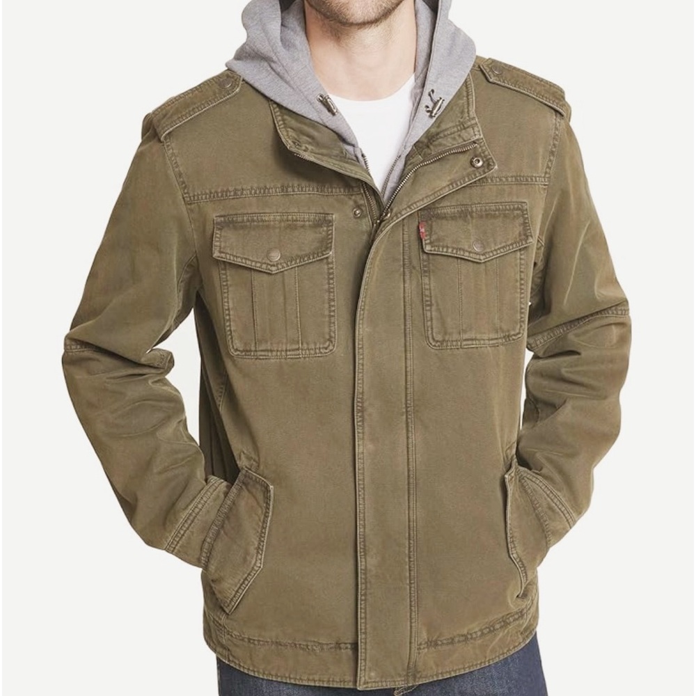 LEVI’S Washed Cotton Brown Jacket Removable Hood Snap/Zipper Front Size Small